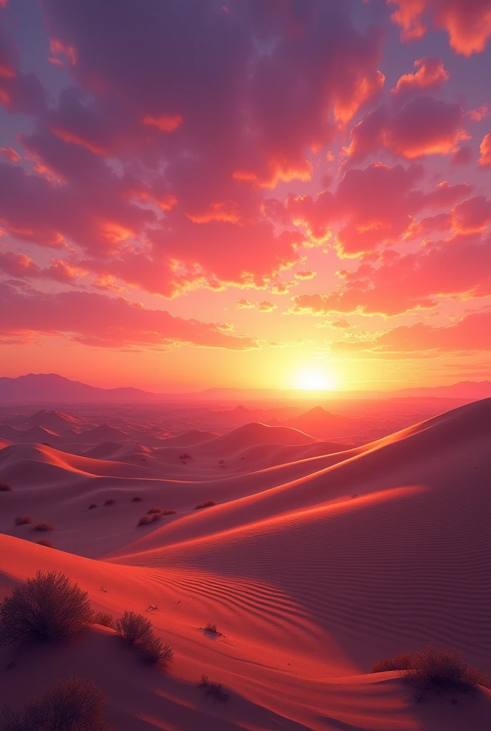 A realistic pink and purple sunset in the desert in 16x16 format:9