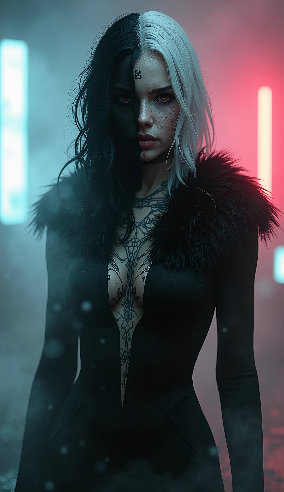Girl、tattoo、fog、cyberpunk、black fur、monochrome、half white and half black、hyperrealistic, neon