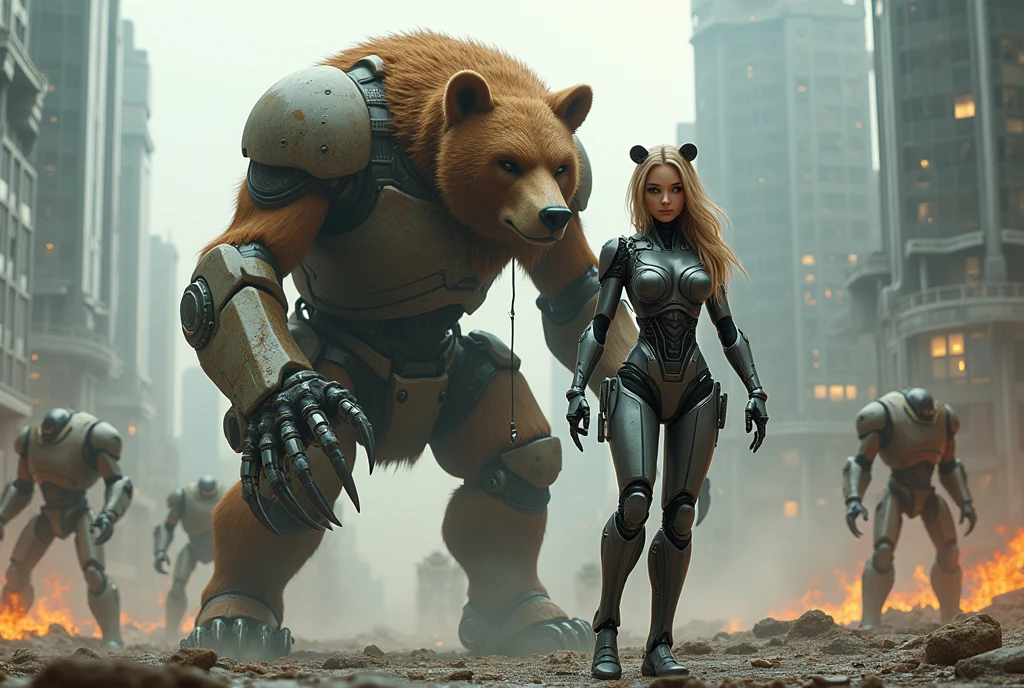 ((A beautiful girl combat cyborg and her partner, a brown bear cyborg))、Two cyborgs、(The cute girl's partner is a big brown bear)、Angle from below、(Perfect Anatomy:1.4)、Watching the audience、A futuristic cityscape that has become a battlefield against an army of enemy robots、The girl has a beautiful face and beautiful eyes.、Baby Face、A confident smile、(Super hourglass body type:1.2)、(Super big breasts pointing upwards:1.4)、Narrow waist、(Wide super big ass)、(Cyborg girl's super sexy combat suit)、(His partner, the brown bear Cyborg, is a powerful warrior who combines the power of the wild with the power of science.)、The brown bear has been modified to have large, powerful steel claws.、(Two cyborgsの複雑な改造パーツを詳細に描写)、((Big and powerful gun))、((Hold the gun correctly and get into fighting position))、Correct fingers、(Two cyborgsのアクロバティックな戦闘アクションポーズ)、(inflammation)、(light)、((Combat with enemy robots))、(Sci-fi movie fight scenes)、Ultra-Details、(Realistic、photoRealistic、photo-Realistic:1.37)、(Raw photo、masterpiece、8k、Highest quality)、(High resolution:1.3)