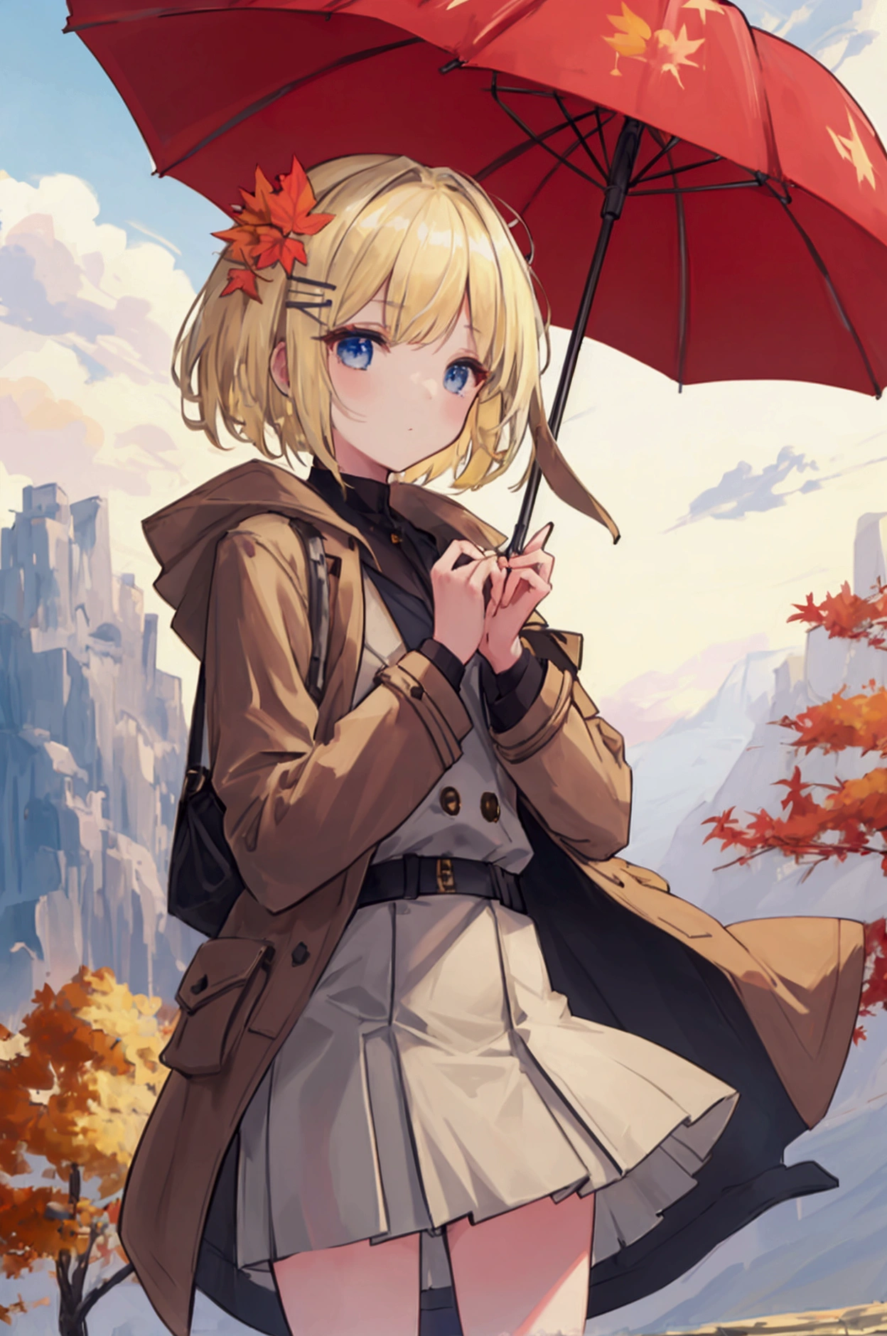 Masterpiece, solo, 1girl, overcoat, hair ornament, short skirt, short blonde hair, autumn mountain