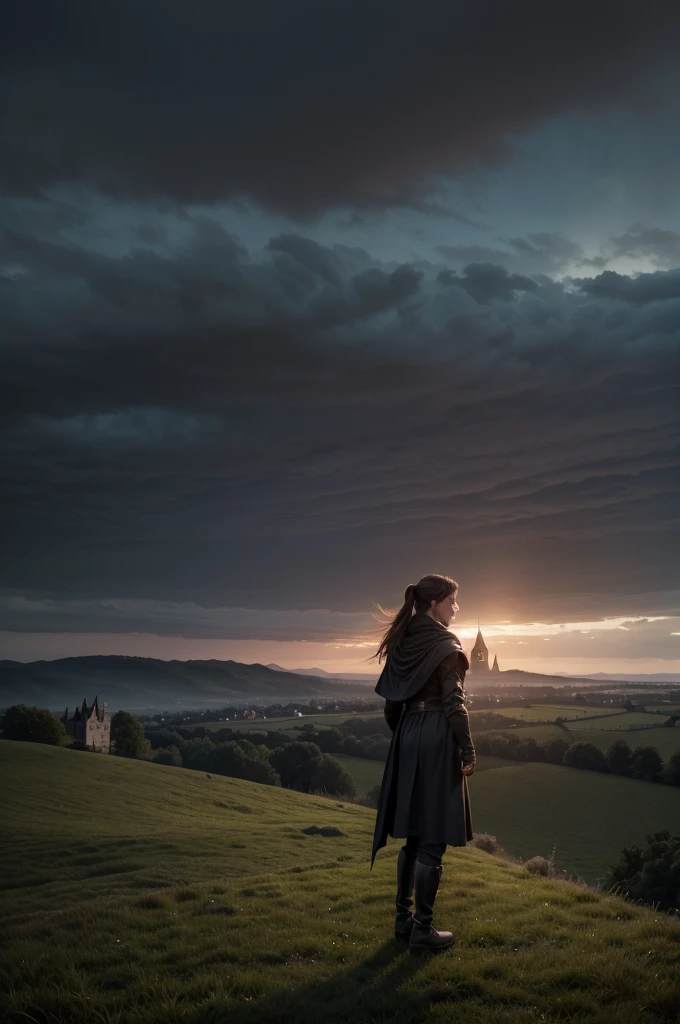 a magical and medieval landscape where a young man with short brown hair, dressed in a black cloak, stands atop a lush green hill. In the background, a majestic yet weathered castle rises against the twilight sky. The castle is surrounded by small villages and fields stretching to the horizon. Dark, ominous clouds begin to gather in the sky, symbolizing the impending apocalypse. Beside the young man, a woman with a firm posture and long hair tied in a ponytail observes the scene with determination. Subtle magical elements, like a bluish glow around the young man's hands, indicate his [Builder] Mage abilities. The atmosphere should convey both hope and challenge, capturing the beginning of an epic journey to save the world.