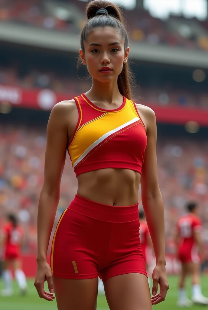 Can you design me cheerleading clothes with the colors red and a yellow stripe? 