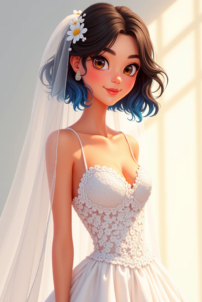 ((art animation 2D)) 20 year old woman with short wavy brown hair with dark blue dyed tips, Brown eyes, with good body, dressed as the bride