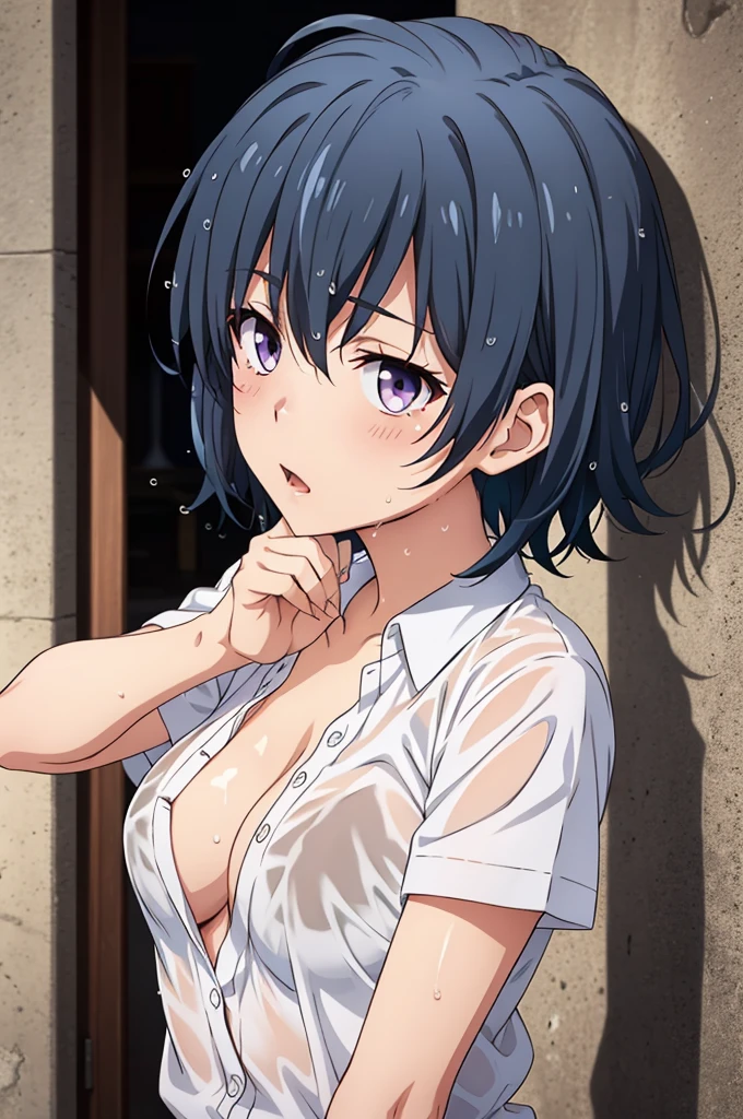 ((Highest quality, High resolution, Pixel perfect, 4K)), (1 person), (Beautiful Anime),
Observe the audience,
Perfect body, Adult women short hair , Bright blue hair 、Side part 、Super big breasts 、( Purple eyes ) 、 Detailed eyes、
(blush), Embarrassing 、Climax 、Please open your mouth slightly、Provocative look 、
(Very wet shirt 1.2) 、 The shirt is wet and see-through. 、 Wet nipples 、 Cleavage 、
Cowboy Shot 、 first round