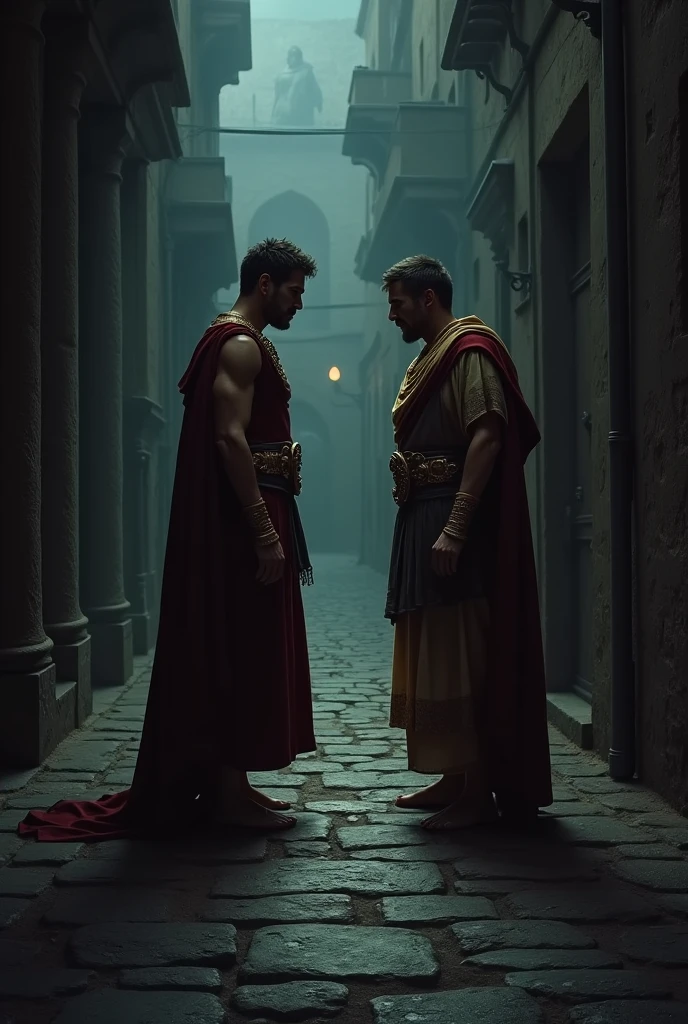 Internal Strife in Rome A dark alley in Rome where two Roman politicians meet secretly at night, plotting against their rivals. The alley is filled with shadows, and the mood is tense, symbolizing the internal betrayal within the empire.