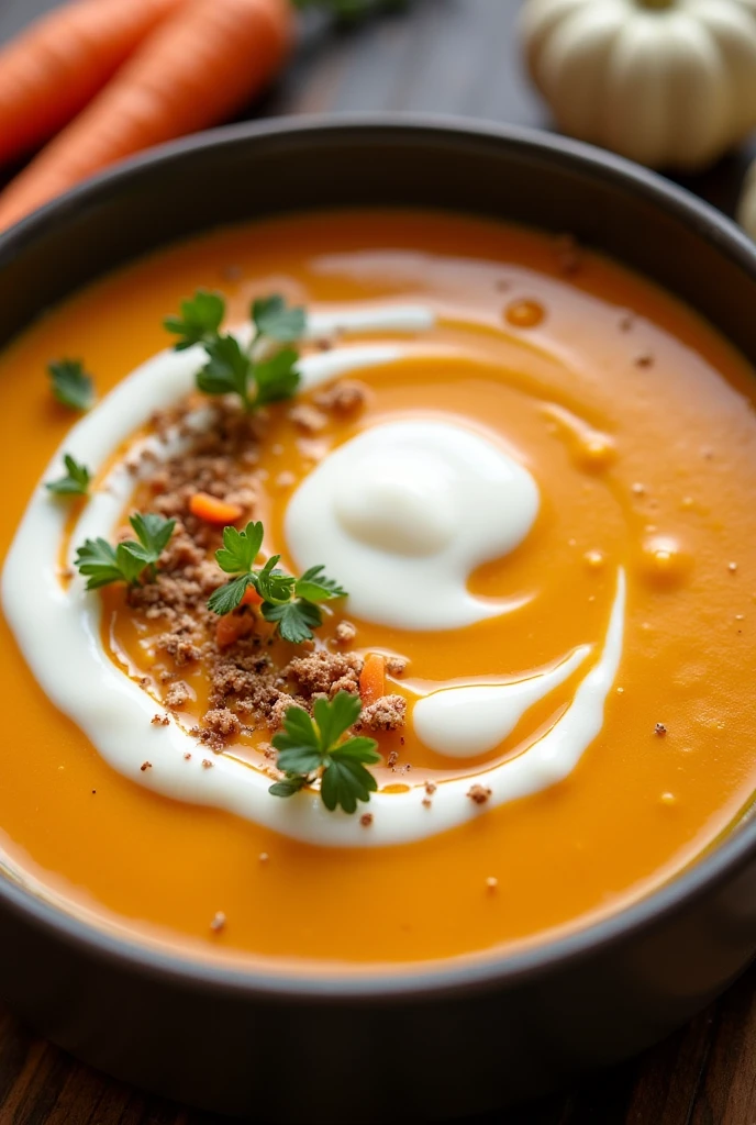 Create an image of this recipe: Pumpkin and Carrot Cream Ingredients:
- Pumpkin: 300 g - Carrot: 150 g - Onion: 50 g - Garlic: 10 g - Vegetable broth: 500 ml - Olive oil: 15 ml
- Sal: 5 g - Pepper: 2 g - Nutmeg: 1 g - Natural yogurt: 30 g (To decorate)
Preparation:
1. Peel and cut the pumpkin and carrot into small cubes.. Chop the onion and garlic.
2. In a large pot, Heat the olive oil and fry the onion and garlic until golden..
3. Add the pumpkin and carrot, and cook for 5 minutes.
4. Pour in the vegetable broth and bring to a boil.. Reduce heat and simmer for 20-25 minutes., until the vegetables are tender.
5. Remove from heat and blend the soup until you obtain a smooth cream..
6. Season with salt, pepper and nutmeg to taste.
7. Serve hot, con un toque de yogur natural por encima To decorate.