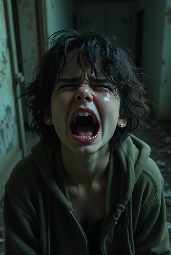 1 ager, looking very angry, he has tears running down his eyes. the place behind him is dark and abandoned