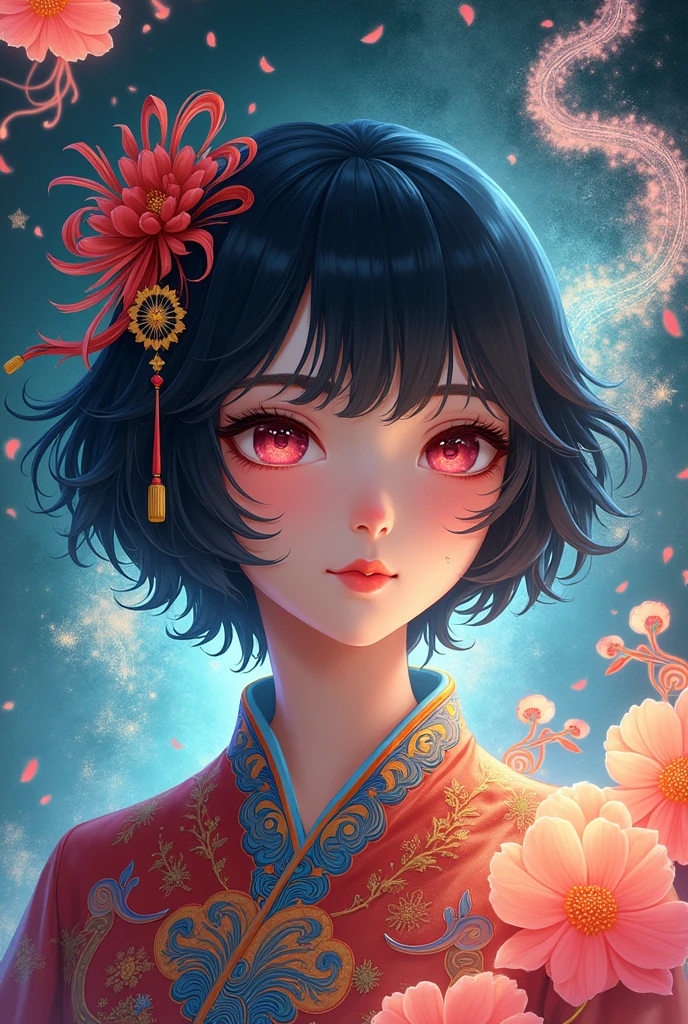 (masterpiece, top quality, best quality, official art, beautiful and aesthetic:1.2), (1girl), extreme detailed,(fractal art:1.3),colorful,highest detailed,cabelo preto curto iluminado, vestindo roupa chinesa, fundo fantasia magia.