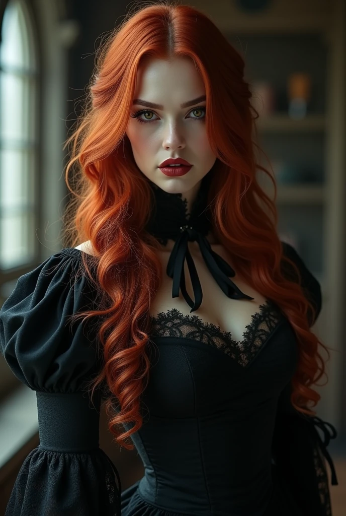 Vampire woman with wavy red hair, brown eyes wearing black victorian clothes