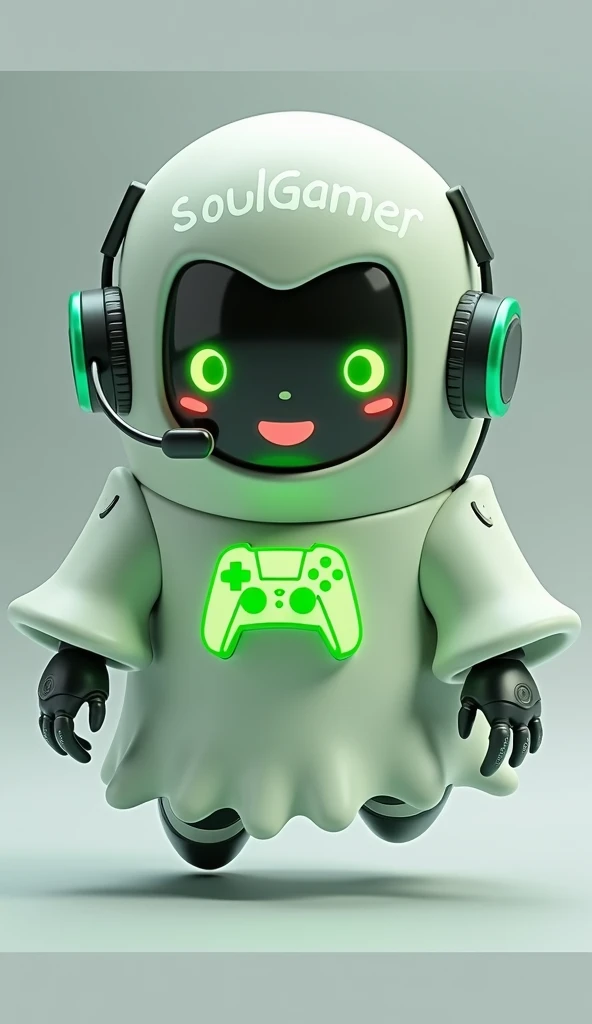 Create a medium-sized robot pet with a ghost-like appearance. With slightly rounded shapes resembling a drop. Create a medium-sized robot pet with a ghost-like appearance. With slightly rounded shapes resembling a drop. On your hands you have well defined fingers. His facial expression has large, green eyes with a glow, conveying a friendly and cheerful expression. He has a small open mouth with a happy smile and flushed cheeks.. Its body is white with small green details and a smooth, slightly shiny texture.. On his forehead is written the word "Soulgamer".He has a headset on his head with an adjustable microphone positioned close to his mouth.. And on his chest you can see the illuminated shape of a Playstation 5 controller in fluorescent green.. It floats in the air, as if he were ready for an adventure.