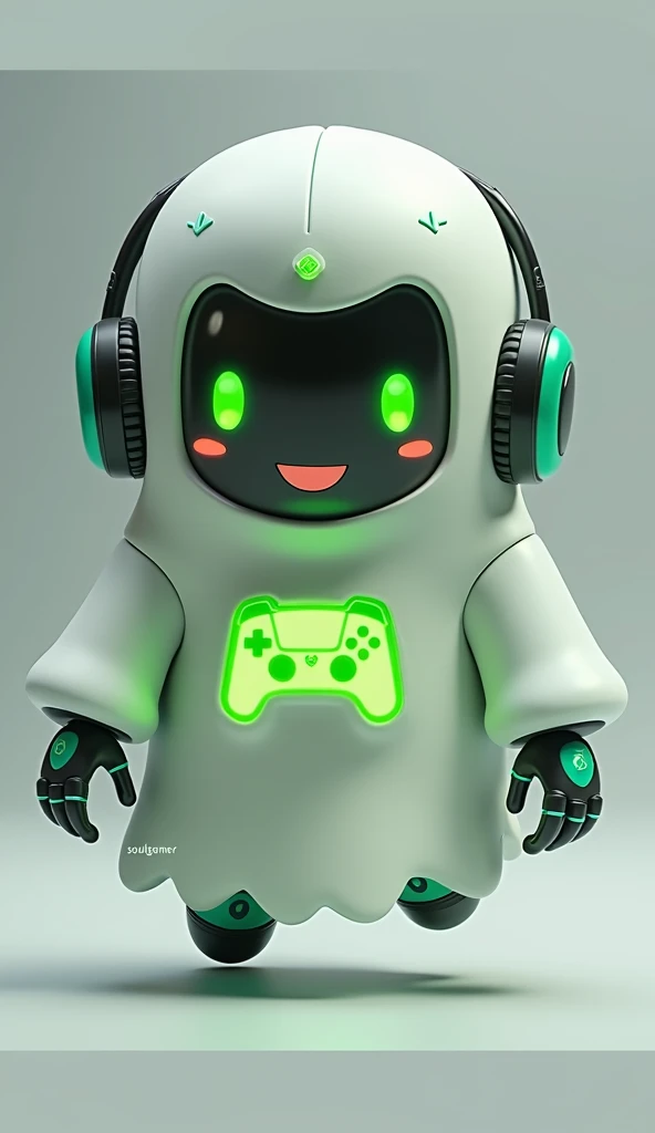 Create a medium-sized robot pet with a ghost-like appearance. With slightly rounded shapes resembling a drop. Create a medium-sized robot pet with a ghost-like appearance. With slightly rounded shapes resembling a drop. On your hands you have well defined fingers. His facial expression has large, green eyes with a glow, conveying a friendly and cheerful expression. He has a small open mouth with a happy smile and flushed cheeks.. Its body is white with small green details and a smooth, slightly shiny texture.. On his forehead is written the word "Soulgamer".He has a headset on his head with an adjustable microphone positioned close to his mouth.. And on his chest you can see the illuminated shape of a Playstation 5 controller in fluorescent green.. It floats in the air, as if he were ready for an adventure.