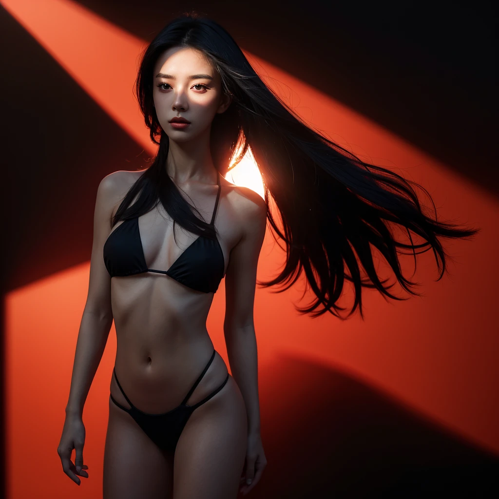 a young woman in a black bikini, standing alone, half-body portrait, digital background black and red colors, intricate details, hyper-realistic, photorealistic, cinematic lighting, dramatic shadows, vibrant colors, elegant pose, mesmerizing gaze, flawless skin, volumetric hair, ultra-detailed, masterpiece