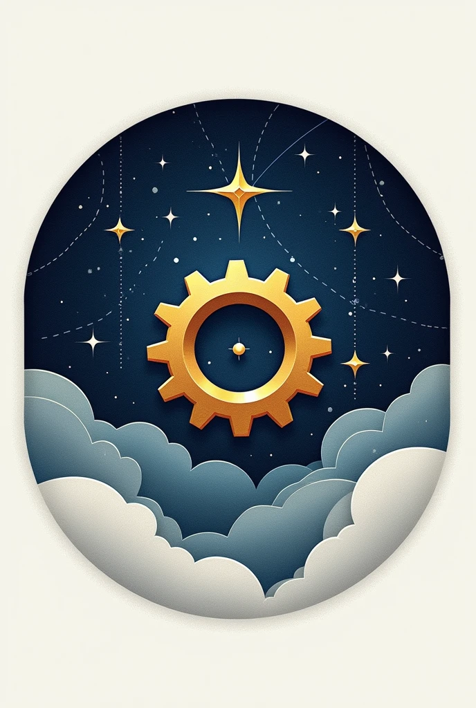 Imagine a symbol consisting of a circle divided into two halves by a horizontal line.. The top half is a deep blue, while the lower half is a light gray. In the center of the circle, There is a figure of a golden gear on a white background. Around the Circle, There are three small stars in the upper left corner, in a silver tone.