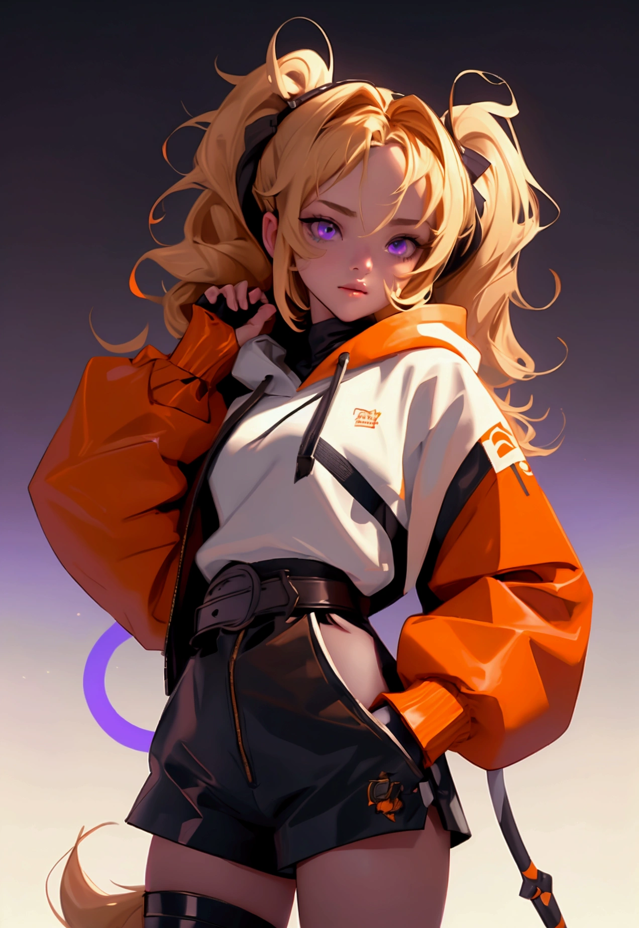 envision a 8k, highres, cinematic, close up beautiful portrait of a short girl named Gigi Murin with dark brown and blonde multicolored hair in twin tails, a tail, purple eyes, wearing an animal hood, hood up, orange jacket, cropped jacket, white shirt, mechanical gauntlets, orange belt, black shorts, single thighhigh, striped thighhigh against a dark background