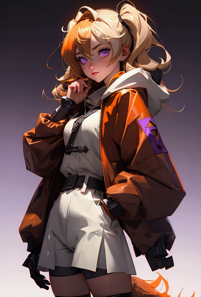 envision a 8k, highres, cinematic, close up beautiful portrait of a short girl named Gigi Murin with dark brown and blonde multicolored hair in twin tails, a tail, purple eyes, wearing an animal hood, hood up, orange jacket, cropped jacket, white shirt, mechanical gauntlets, orange belt, black shorts, single thighhigh, striped thighhigh against a dark background