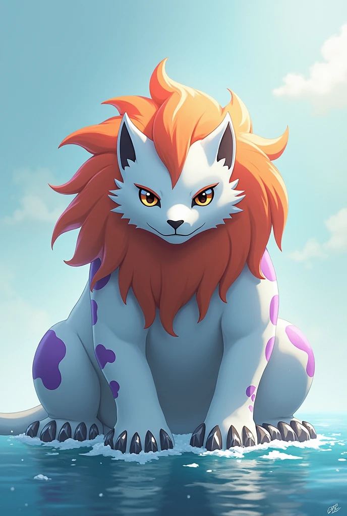 Digimon,Gomamon white Sea lion with purple markings,an orange-red mane,and large claws