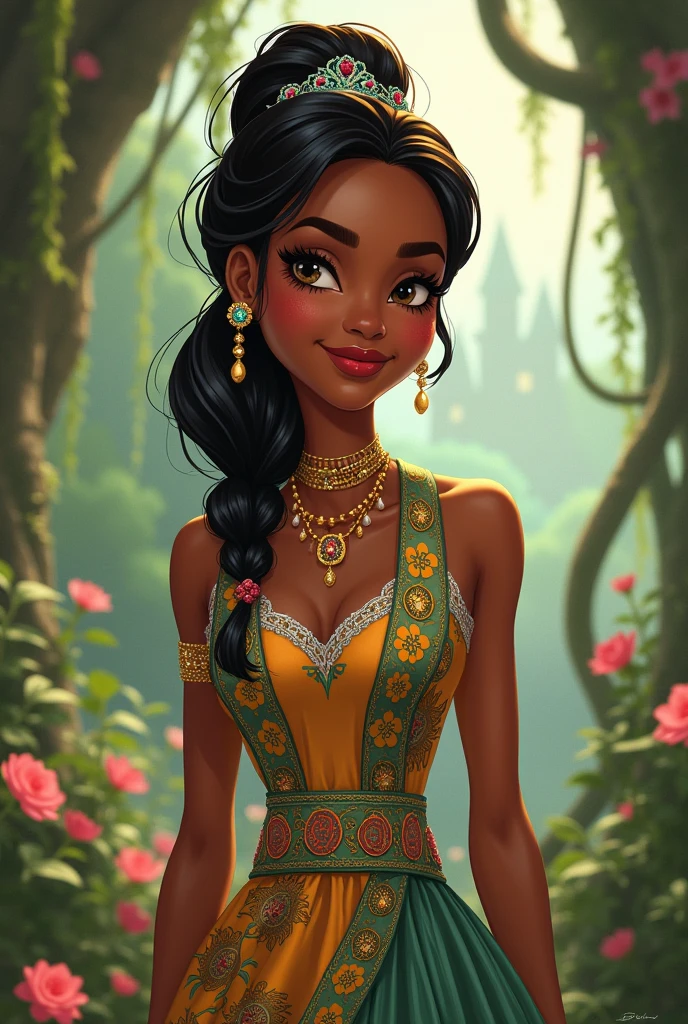 An 1 woman, with the art style of Ever after high daughter of Princess Tiana and Prince Naveen from the Princess and the Frog