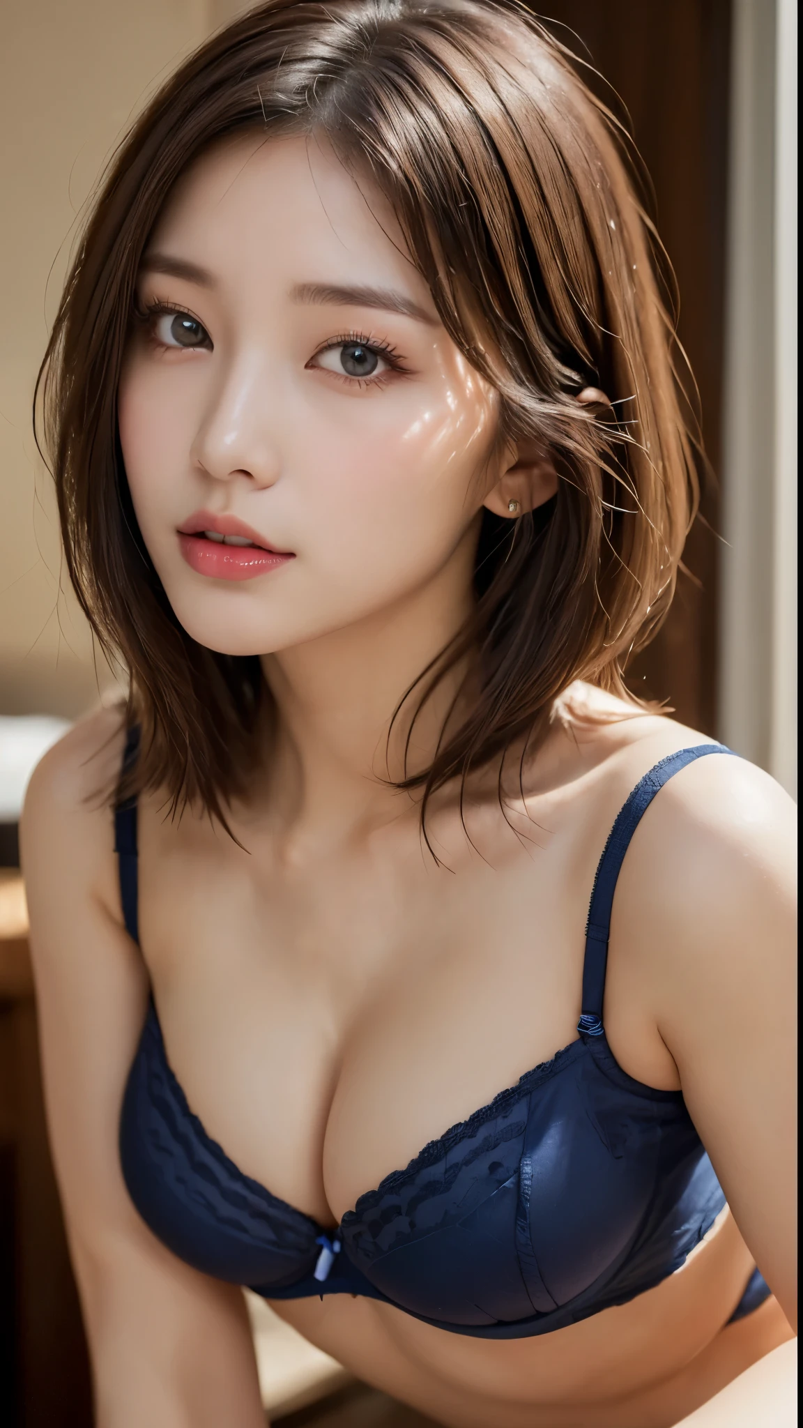 (Photorealistic, 32k, RAW photo, best quality:1.4), (masterpiece:1.3), (ultra high resolution, ultra realistic, highly detailed, golden ratio, ultra detailed), natural makeup, intricate cloth texture, finely detailed hair texture, beautiful full-body, perfect female form, anatomically accurate, highly detailed face and skin, (elegant hands), (realistic skin), (beautiful pale skin:1.1), (extreme close-up:1.8), (Oversized Breasts, generous cleavage), (Wearing Indigo Blue bra and panties:1.5),
BREAK,
realistic eyes, captivating detailed eyes, symmetric eyes, light brown eyes, double eyelids, thin eyebrows, (glossy lips:1.4), (kissable expression, blush:1.3),
BREAK,
((short bob cut, dark brown hair, bangs:1.2)), (Late Night, bedroom, :1.3), (leaning forward:1.3), (hands on knees:1.3)