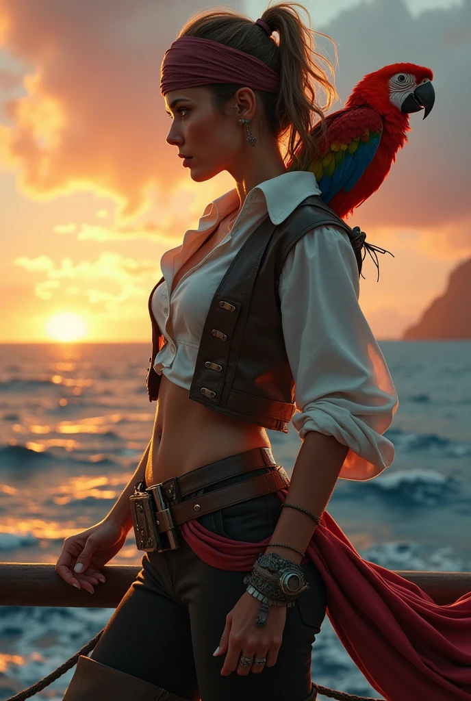 Create a female pirate with a parrot on her shoulder looking in profile