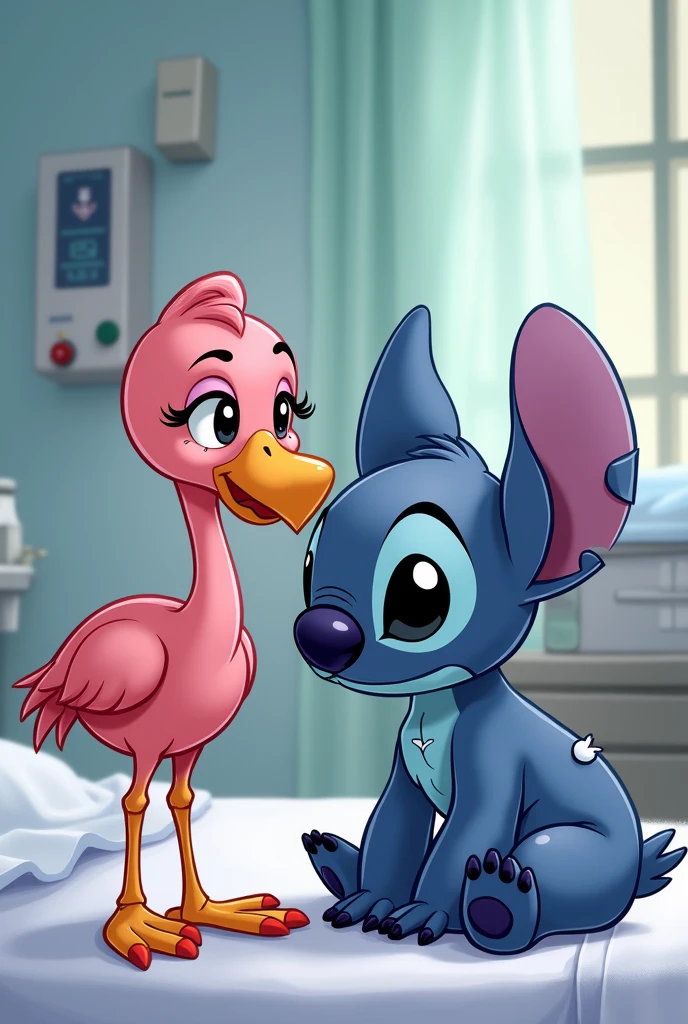 Baby flamingo and injured Stitch in hospital sad cartoon 
