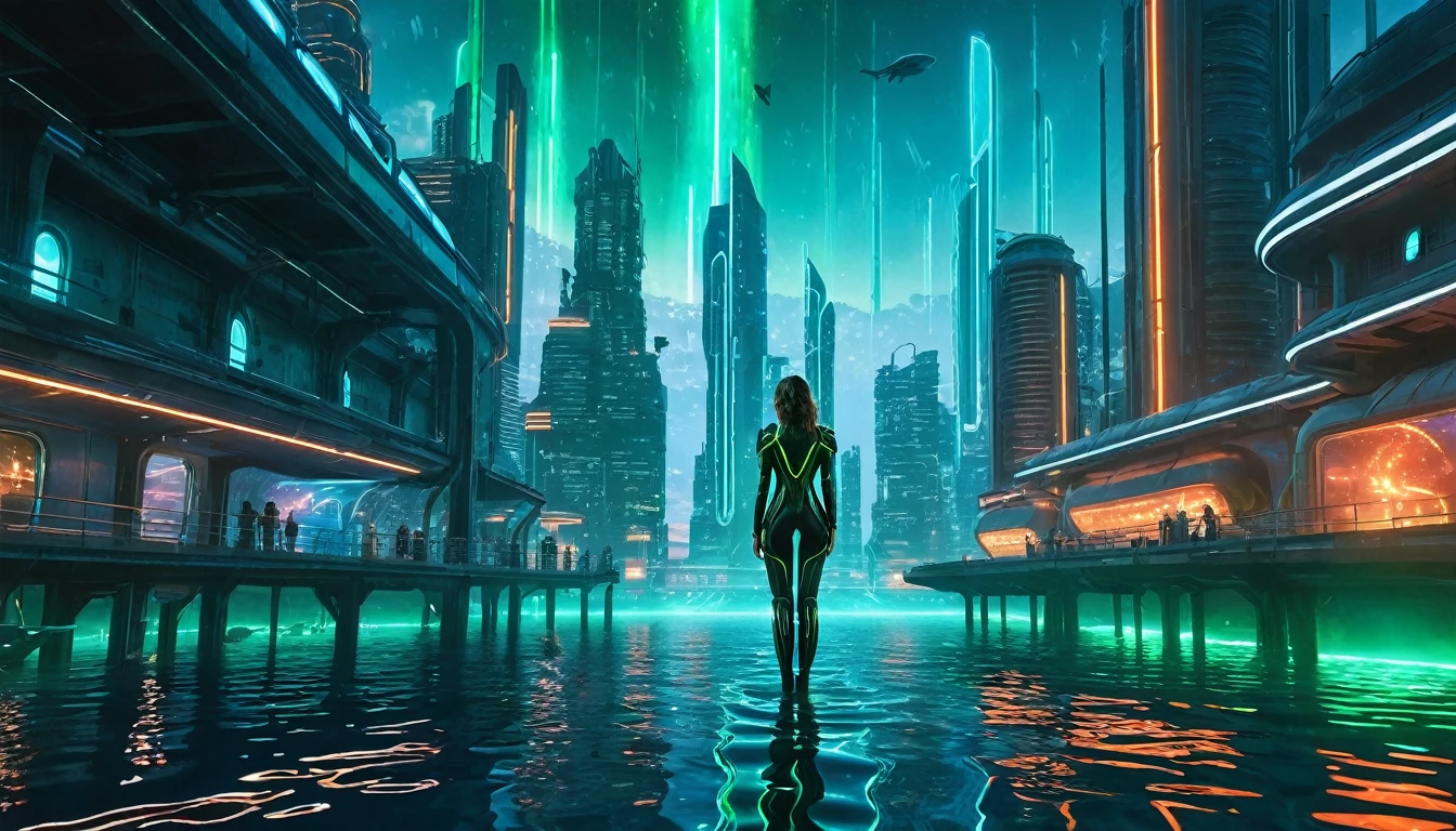 Create a scene from a science fiction movie set in a futuristic and dystopian underwater city. The scene takes place in a city illuminated by blue and green neon lights, with glass buildings appearing to float beneath the water. The protagonist, a young woman in a high-tech suit, stands on an observation platform, gazing at a vast ocean filled with bioluminescent creatures. In the background, a large control building is on fire, casting red and orange reflections in the surrounding water. Add effects of bubbles and water particles moving around.