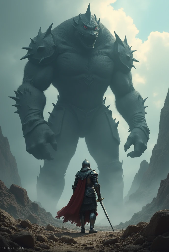 A little knight going to face a gigantic monster