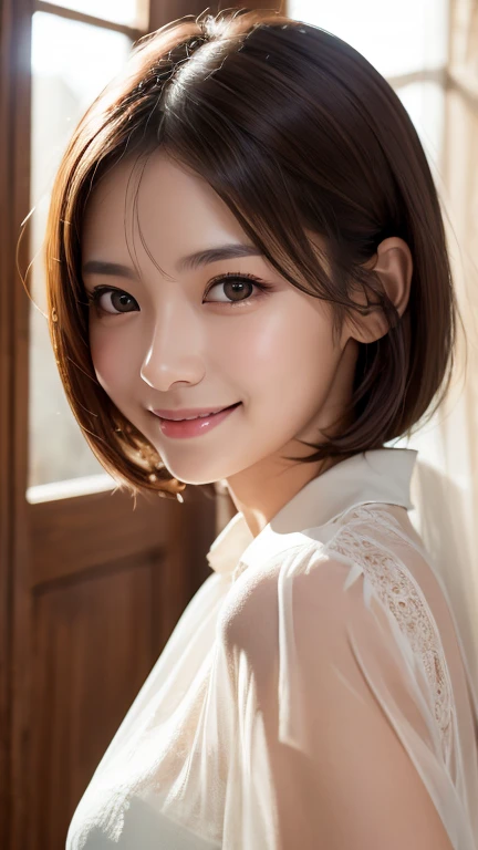 Highest quality、8k傑作、Ultra-high resolution、(Photorealistic:1.3)、RAW Photos、1 person、Brown hair short bob、Glowing Skin、1 personの超美人女子大生、((Ultra-Realistic Details))、Portrait、Global Illumination、Shadow、Octane Rendering、8k、Super sharp、Very intricate details、Realistic Light、CGSoation Trend、Beautiful Eyes、Shining Eyes、To the camera、White shirt、sheer、blush、smile