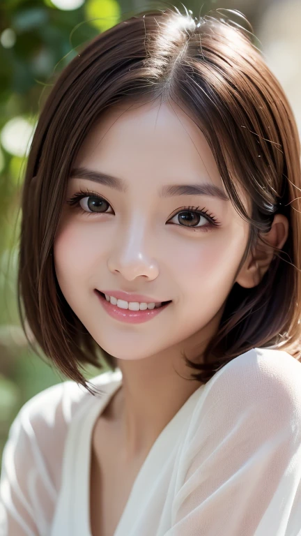 Highest quality、8k傑作、Ultra-high resolution、(Photorealistic:1.3)、RAW Photos、1 person、Brown hair short bob、Glowing Skin、1 personの超美人女子大生、((Ultra-Realistic Details))、Portrait、Global Illumination、Shadow、Octane Rendering、8k、Super sharp、Very intricate details、Realistic Light、CGSoation Trend、Beautiful Eyes、Shining Eyes、To the camera、White shirt、sheer、blush、smile