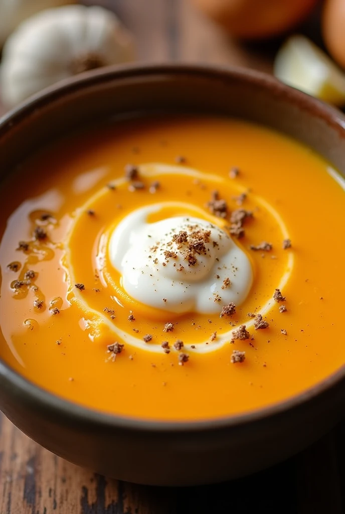 Create an image of this recipe: Pumpkin and Carrot Cream Ingredients:
- Pumpkin: 300 g - Carrot: 150 g - Onion: 50 g - Garlic: 10 g - Vegetable broth: 500 ml - Olive oil: 15 ml
- Sal: 5 g - Pepper: 2 g - Nutmeg: 1 g - Natural yogurt: 30 g (To decorate)
Preparation:
1. Peel and cut the pumpkin and carrot into small cubes.. Chop the onion and garlic.
2. In a large pot, Heat the olive oil and fry the onion and garlic until golden..
3. Add the pumpkin and carrot, and cook for 5 minutes.
4. Pour in the vegetable broth and bring to a boil.. Reduce heat and simmer for 20-25 minutes., until the vegetables are tender.
5. Remove from heat and blend the soup until you obtain a smooth cream..
6. Season with salt, pepper and nutmeg to taste.
7. Serve hot, con un toque de yogur natural por encima To decorate.