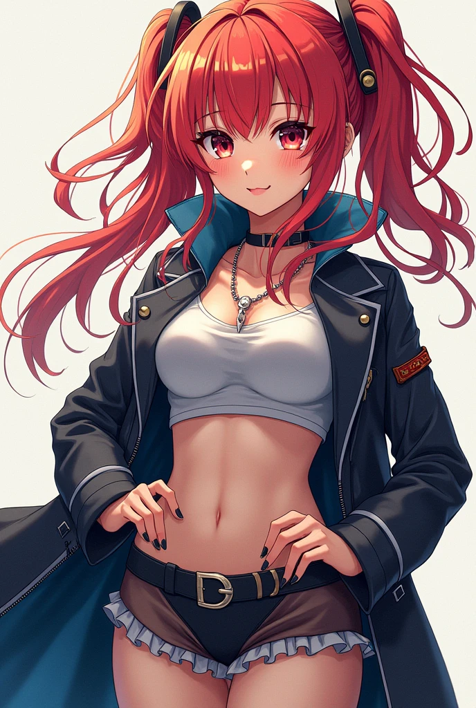Adult girl, long red hair, blue eyes, blue leather jacket, smile, masterpiece, high quality, open belly