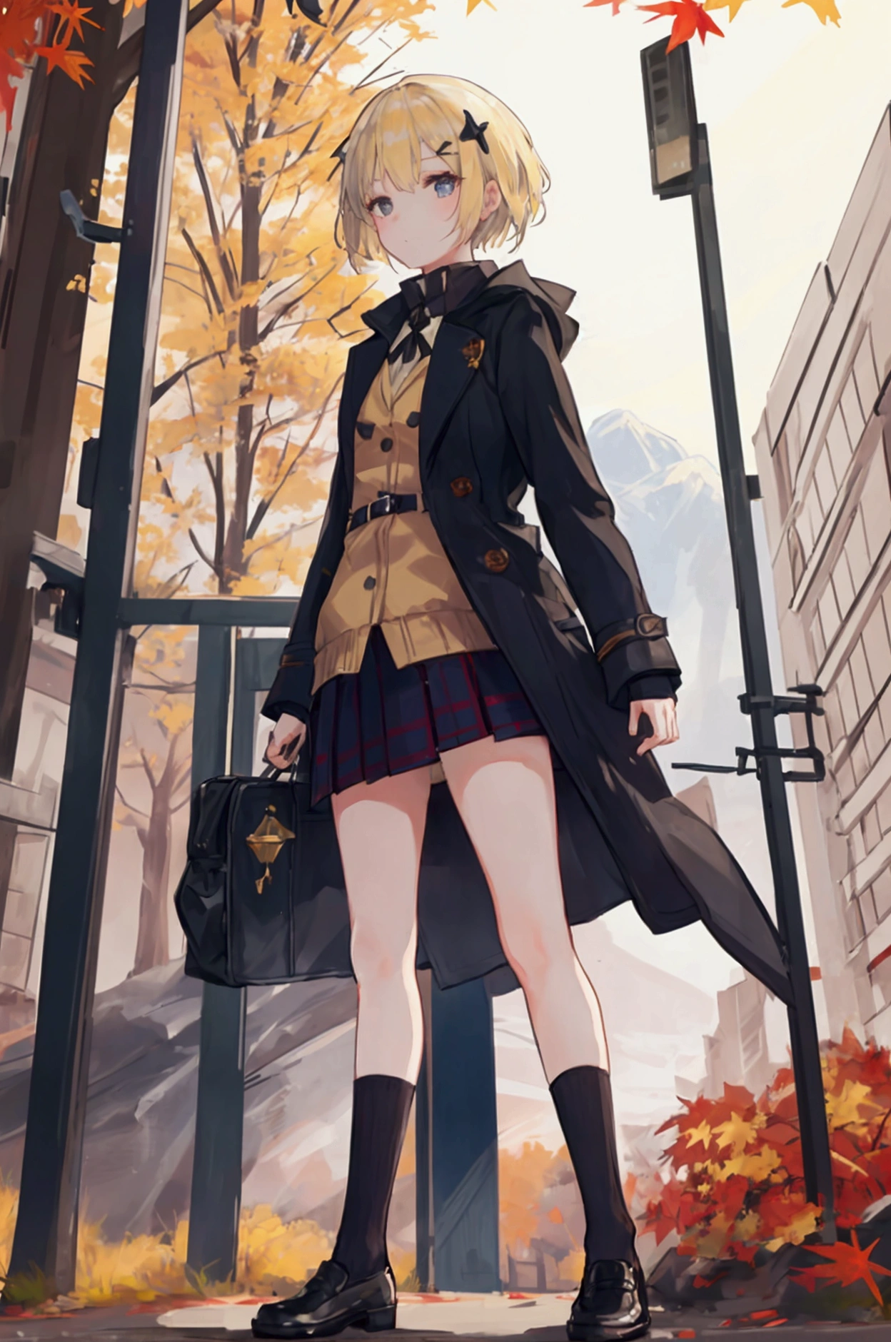 Masterpiece, solo, 1girl, overcoat, hair ornament, short skirt, short blonde hair, small black socks, autumn mountain