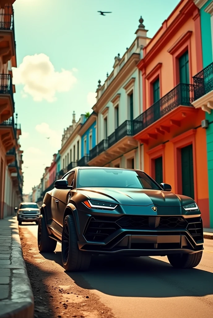 Design a Lamborghini Urus pickup truck being driven through the streets of Cuba