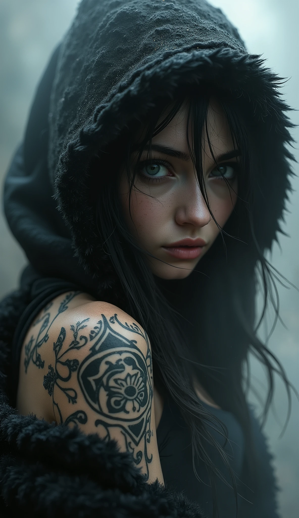 Girl、tattoo、fog、cyberpunk、black fur、monochrome、half black and white、hyperrealistic, neon