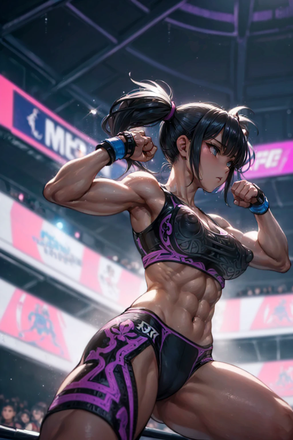 an illustration (young woman, wrestler fighter/kicking, abs, sports bra, erect nipples, (((intricate))) Sparkling light reflects(round breasts), up twin-tails hair, octagon, UFC), dynamic action, in WWE, core intelligence, Run Faster, colorful, intense shading, ((from below)), 