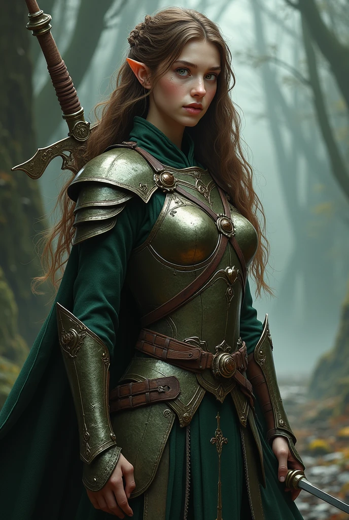 Elvish princess young woman knight herbalist with brown hair and amber eyes with her weapon in dark fantasy style