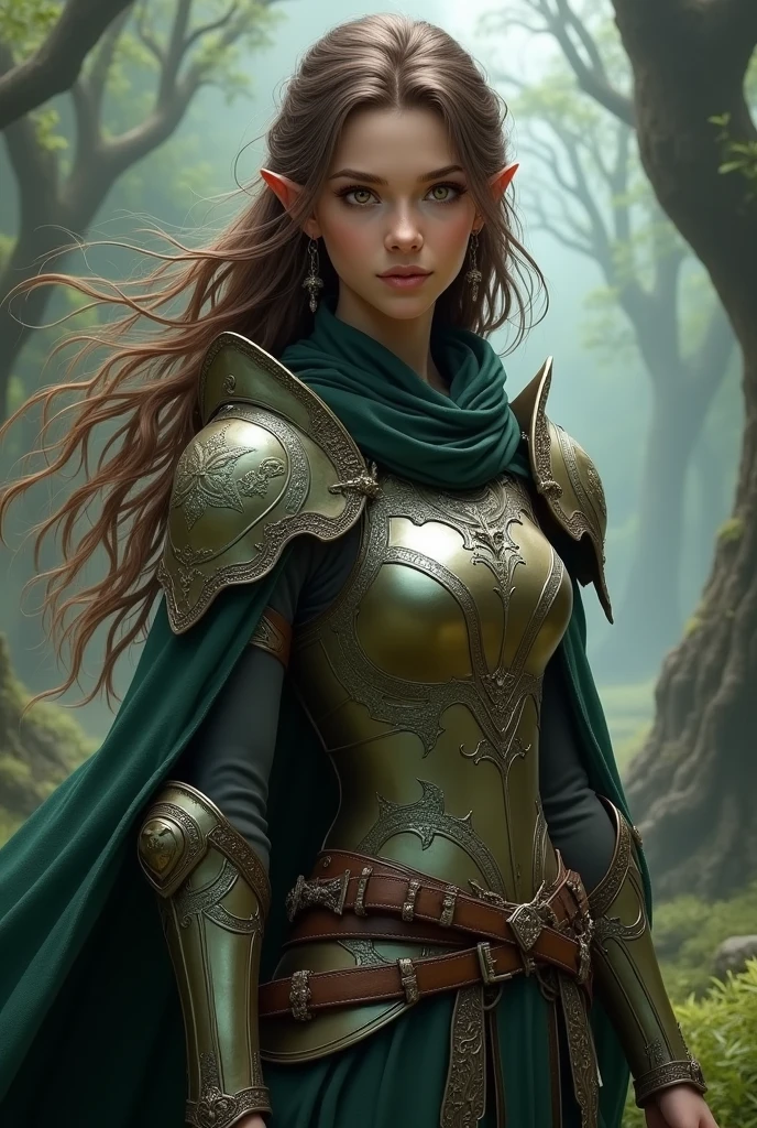 Elvish princess young woman knight herbalist with brown hair and amber eyes with her weapon in dark fantasy style