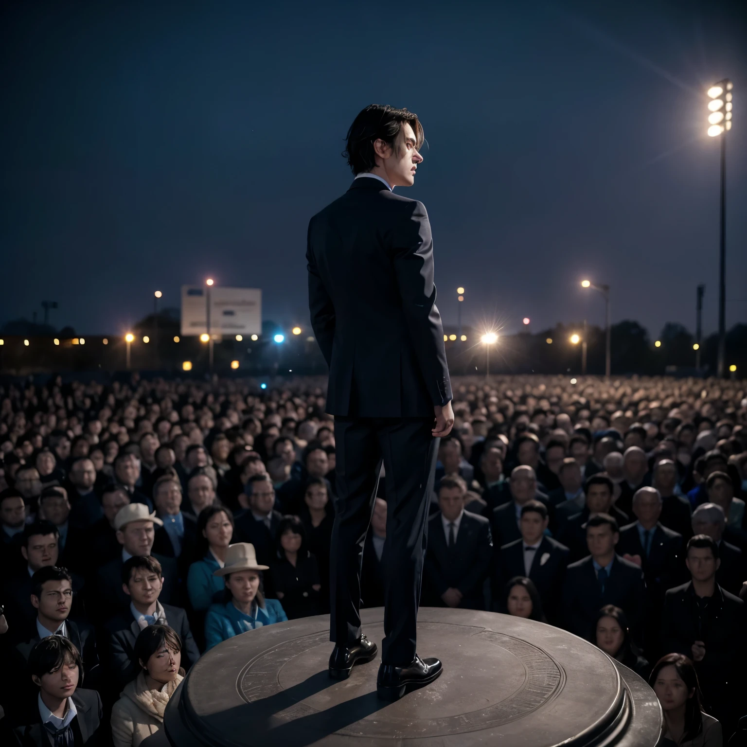 human figure, dark hair, blue formal wear, with his back to the camera, on a raised platform, speaking to a crowd of thousands of people. The scene is outdoors, with a clear sky, with late afternoon or early morning colors. Photorealistic image.
