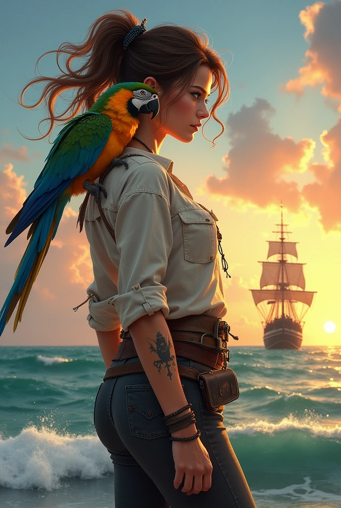 Create a female pirate with a parrot on her shoulder looking in half profile