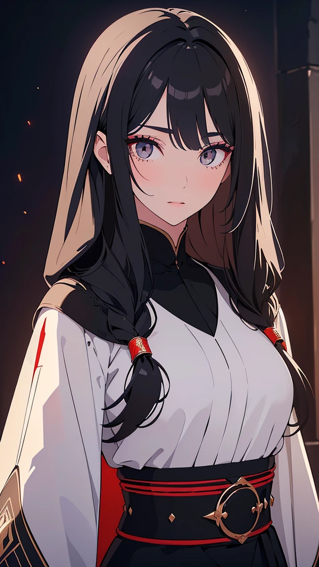 Girl1,(black long hair, Long eyelashes),(white eye shadow), (black Arabic abaya dress,red waist belt),(Highly detailed CG,module,8K wallpapers)،(Highest quality, high resolution, beautiful lighting, realistic shadow, high resolution)،(Detailed skin, highly detailed, detailed faces and eyes, realistic eyes) 