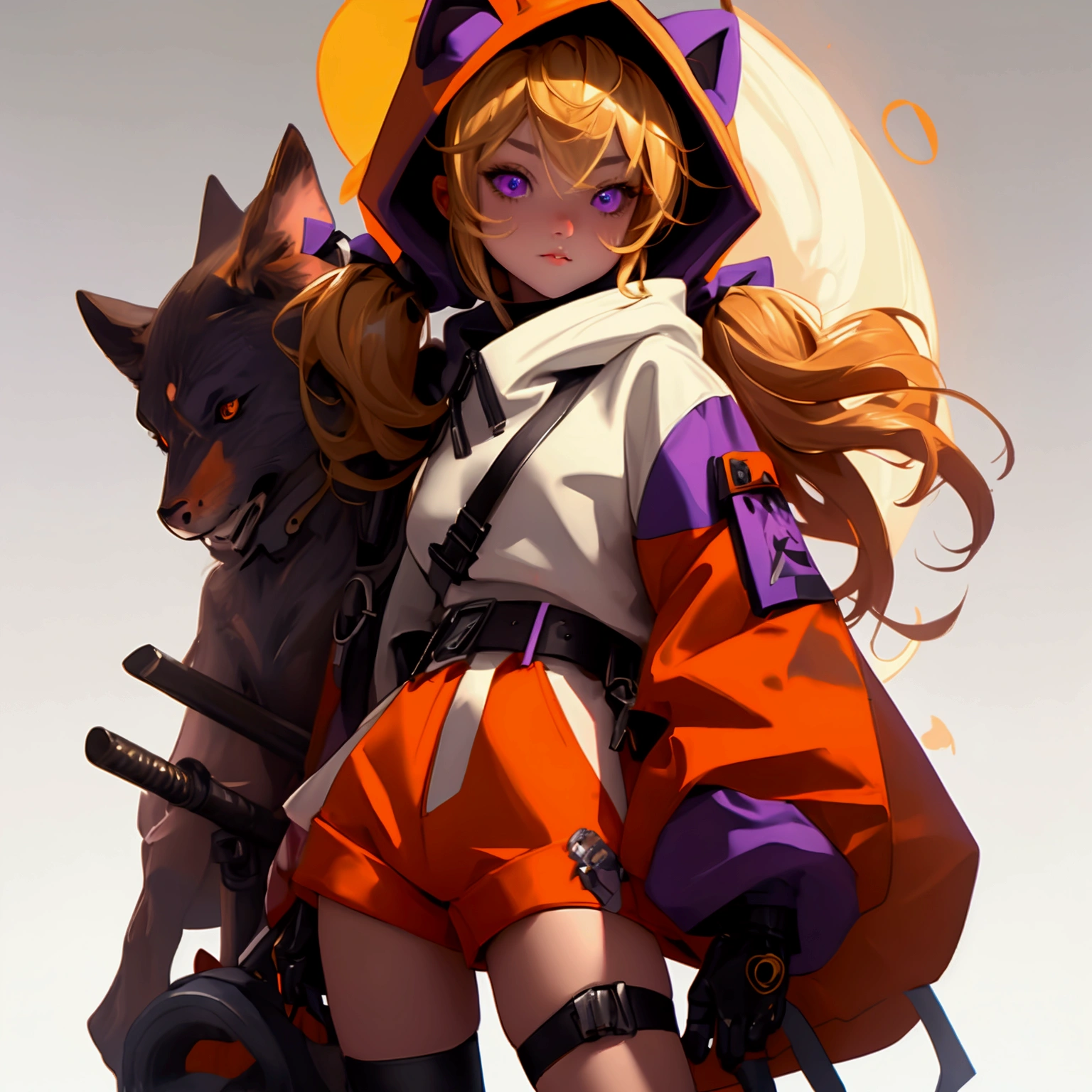 envision a 8k, highres, cinematic, close up beautiful portrait of a short girl named Gigi Murin with dark brown and blonde multicolored hair in twin tails, a tail, purple eyes, wearing an animal hood, hood up, orange jacket, cropped jacket, white shirt, mechanical gauntlets, orange belt, black shorts, single thighhigh, striped thighhigh against a dark background