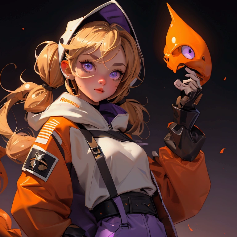 envision a 8k, highres, cinematic, close up beautiful portrait of a short girl named Gigi Murin with dark brown and blonde multicolored hair in twin tails, a tail, purple eyes, wearing an animal hood, hood up, orange jacket, cropped jacket, white shirt, mechanical gauntlets, orange belt, black shorts, single thighhigh, striped thighhigh against a dark background