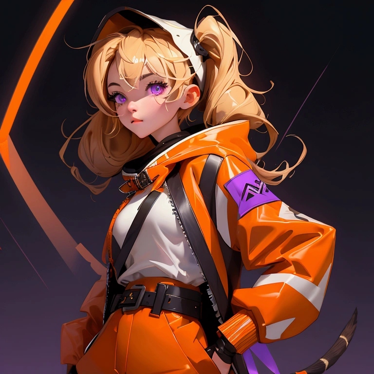 envision a 8k, highres, cinematic, close up beautiful portrait of a short girl named Gigi Murin with dark brown and blonde multicolored hair in twin tails, a tail, purple eyes, wearing an animal hood, hood up, orange jacket, cropped jacket, white shirt, mechanical gauntlets, orange belt, black shorts, single thighhigh, striped thighhigh against a dark background