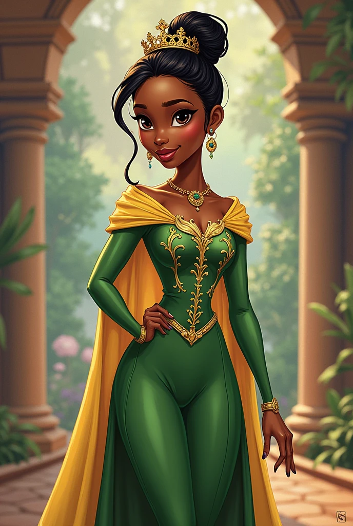 An 1 woman, with the art style of Ever after high daughter of Princess Tiana and Prince Naveen from the Princess and the Frog dressed in a prince costume