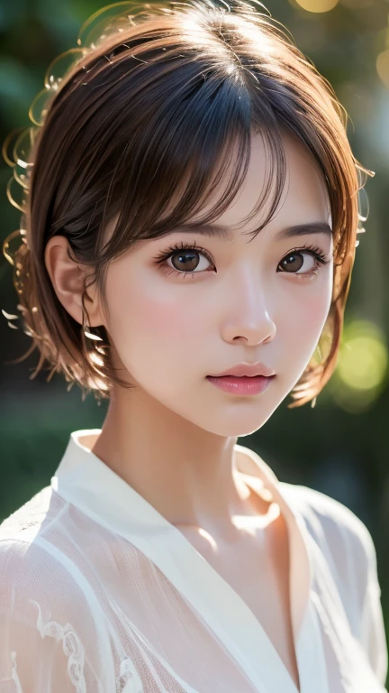 Highest quality、8k傑作、Ultra-high resolution、(Photorealistic:1.3)、RAW Photos、1 person、Brown hair short bob、Glowing Skin、1 personの超美人女子大生、((Ultra-Realistic Details))、Portrait、Global Illumination、Shadow、Octane Rendering、8k、Super sharp、Very intricate details、Realistic Light、CGSoation Trend、Beautiful Eyes、Shining Eyes、To the camera、White shirt、sheer、blush、