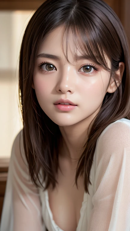 Highest quality、8k傑作、Ultra-high resolution、(Photorealistic:1.3)、RAW Photos、1 person、Brown hair short bob、Glowing Skin、1 personの超美人女子大生、((Ultra-Realistic Details))、Portrait、Global Illumination、Shadow、Octane Rendering、8k、Super sharp、Very intricate details、Realistic Light、CGSoation Trend、Beautiful Eyes、Shining Eyes、To the camera、White shirt、sheer、blush、