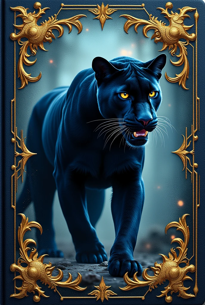 The cover of a book, with the name "Entre a Lumiere e as dark ages" captura o dualismo central do livro através de one composição visualmente impactante. On the right, one **black panther** dominates the lower part of the cover. Shrouded in deep shadows, your silhouette is highlighted, with golden-yellow eyes that shine brightly, suggesting mystery and danger. The detailed texture of the panther&#39;s fur creates a realistic effect, almost tactile, contrasting with the darkness that surrounds it.

to the left, No topo da capa, está one **feminine figure** wrapped in ethereal light, representando a protagonista como a reencarnação de one poderosa fada. Her hair flows in the wind, illuminated by golden and silver reflections. To figure, dressed in a flowing dress, is surrounded by glowing particles, reinforcing its magical aura and contrasting with the shadows of the panther.

or **fund** da capa é one transição entre o mundo das trevas e da luz. On the right, o fund é escuro, com tons de azul-marinho e roxo profund, sugerindo one paisagem noturna. to the left, o fund é mais claro, com one auréola de luz emanando da feminine figure, gradually blending into the darkness.

or **Title**, "Entre a Lumiere e as dark ages", is centralized and divided between these two worlds. The typography is elegant and elaborate, with words like "Lumiere" in gold and "dark ages" em preto profund, creating a contrast that highlights the theme of the book. or Title é cercado por pequenos floreios que reforçam o tema de fantasia.

A capa é finalizada com one **decorative border**, combining natural and mystical elements, like vines and runic symbols, dando one sensação de livro antigo e mágico. or acabamento fosco, com detalhes em verniz no Title, adds a sophisticated touch, making the cover visually appealing and evocative.