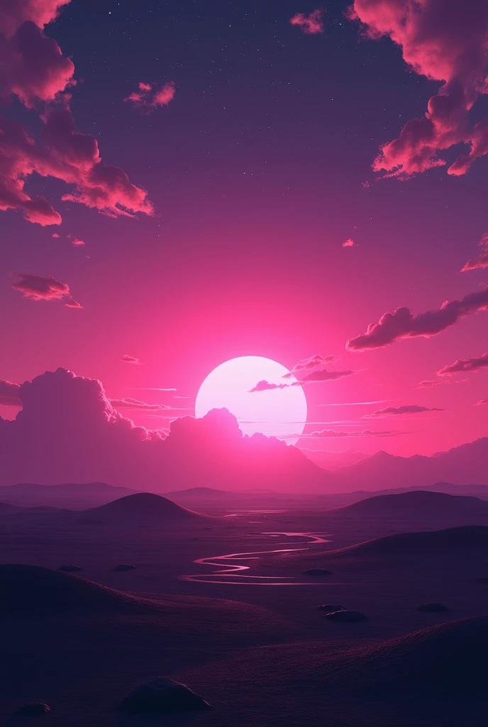 A pink and purple sunset in the realistic desert, with the black soil, only the sky visible without visible sun
