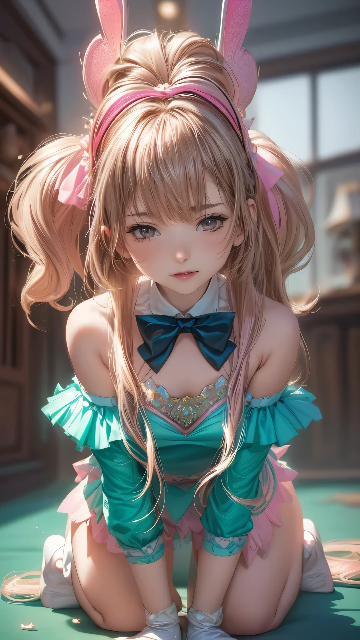 masterpiece, best quality, extremely detailed CG unity 8k wallpaper, (Upper Body head close-up shot of a beautiful ***********), Wendy, Elegant Long straight blonde hair, (Mckenna Grace), ((flat chest,thighs)), ((pink-Cyan)) golden ((Glittering tutu,long Bunny Ear Headgear, glove, Bow-tie, zettai ryouiki)), ((Kneel,all fours,from below)), (Blush), oil skin, (seductive smile), (Wonderland), pretty face, key art, award winning, intricate detail realism hdr, by (ruan jia and artgerm and range murata), Photorealism, Hyperrealism, ultra realistic, dramatic light, intense shadows, gorgeous view, depth of field