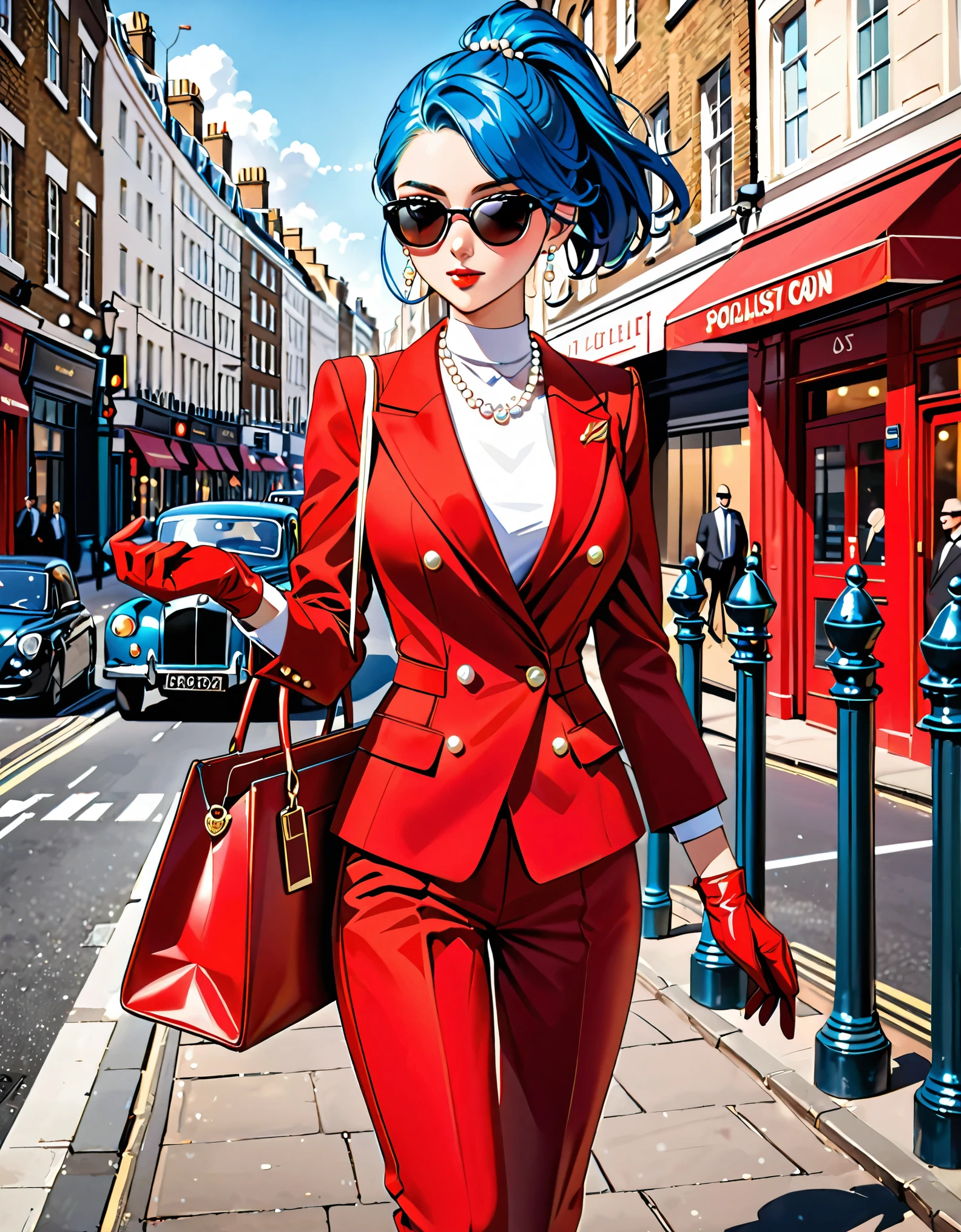 masterpiece, best quality, semi-realistic, solo, solo focus 1girl, blue hair, short hair, ponytail hair, cyan eyes, beautiful detailed eyes, beautiful detailed face, sophisticated look, professional, socialist, red designer fashion jumpsuit, red gloves, sunglasses, pearl earrings, carrying a handbag, matching stylish flat-heel shoes, pearl necklace, tailored blazer, london street cityscape, daytime, outdoors, stylish, warm lighting.