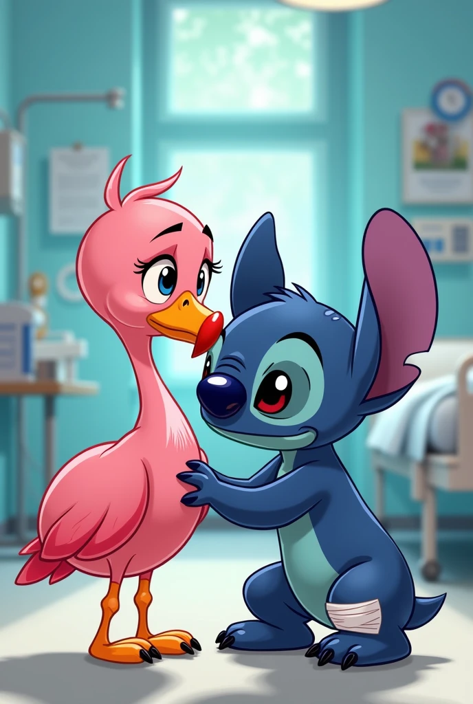 Baby flamingo and injured Stitch in hospital sad cartoon
